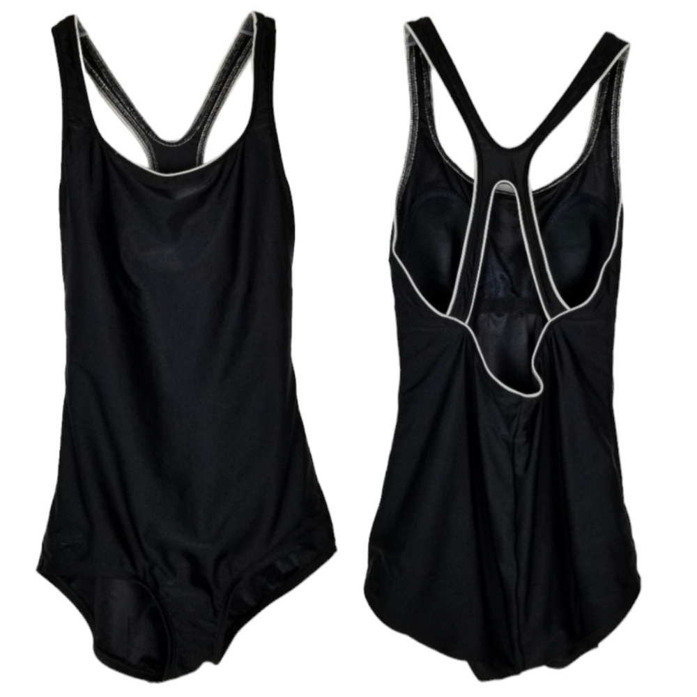Speedo Womens Swimsuit Racerback Black Size 8 White Trim Racing Solid